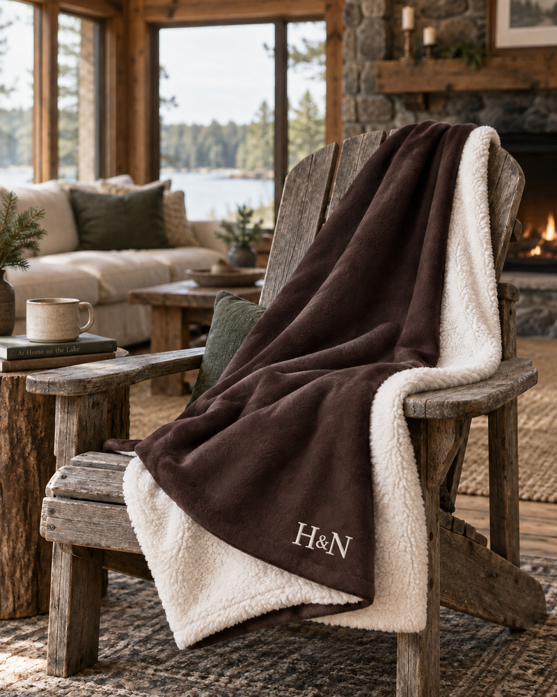 The Sherpa Blanket in fireside brown over the arm of a chair by the lake window.