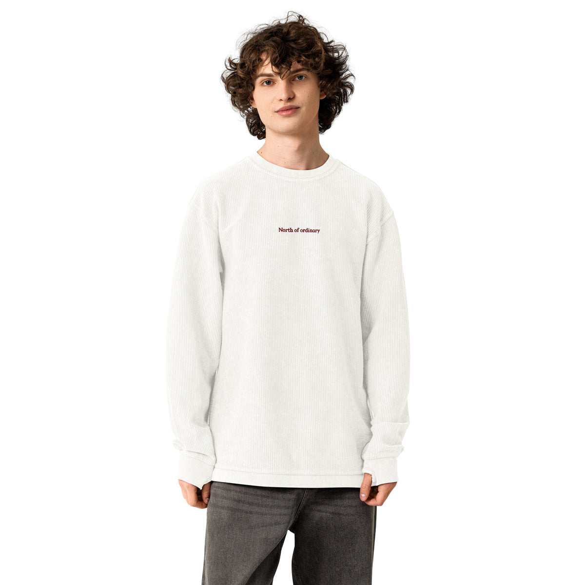 Cord Crew in ivory, worn, front view.