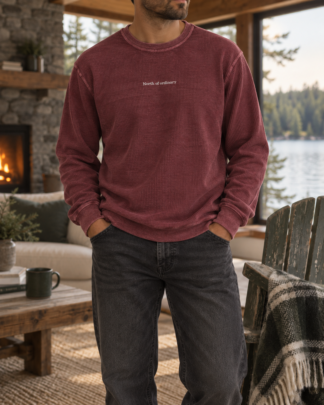 Cord Crew in maroon, worn indoors by the fire.