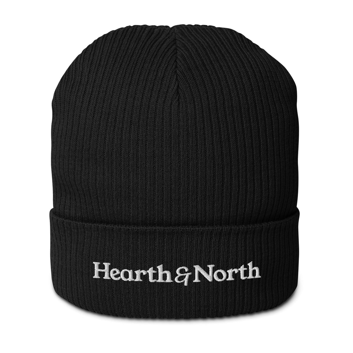 Cuffed Beanie in black with the Hearth & North wordmark on the cuff.