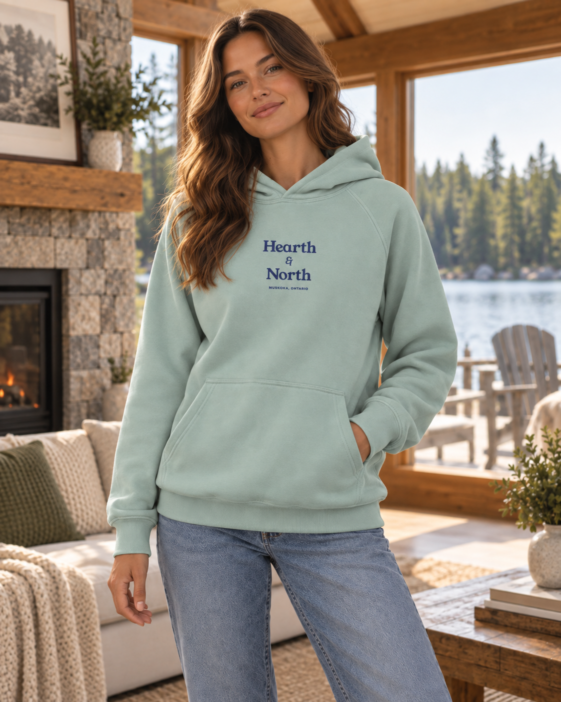 Heavyweight Hoodie in arona with the Hearth & North wordmark, by the lake window.