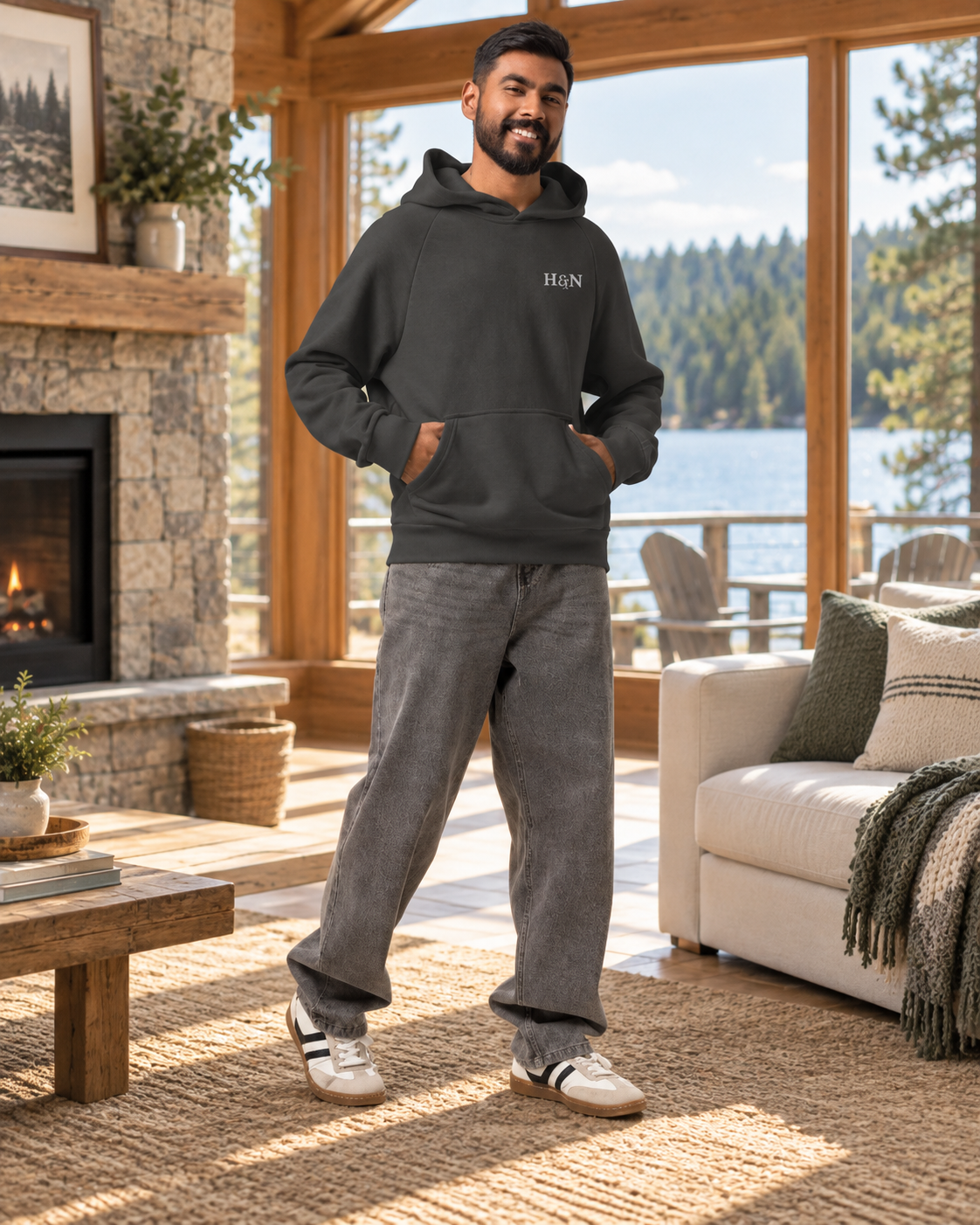Heavyweight Hoodie in asphalt, worn with jeans in the lake room.