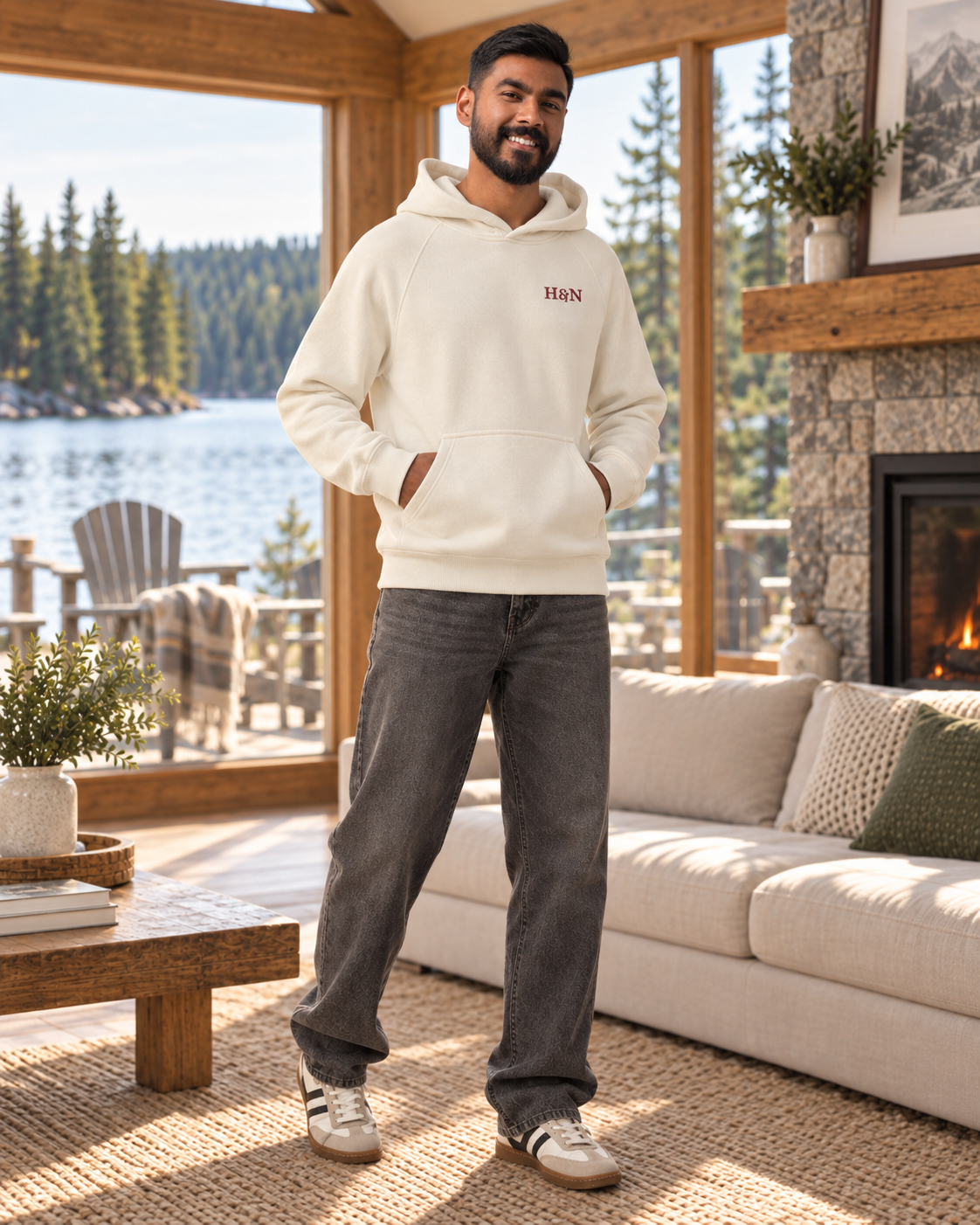 Heavyweight Hoodie in ivory, worn with jeans in the lake room.