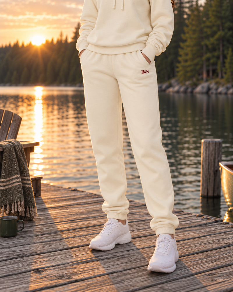 Lounge Jogger in ivory, worn indoors.