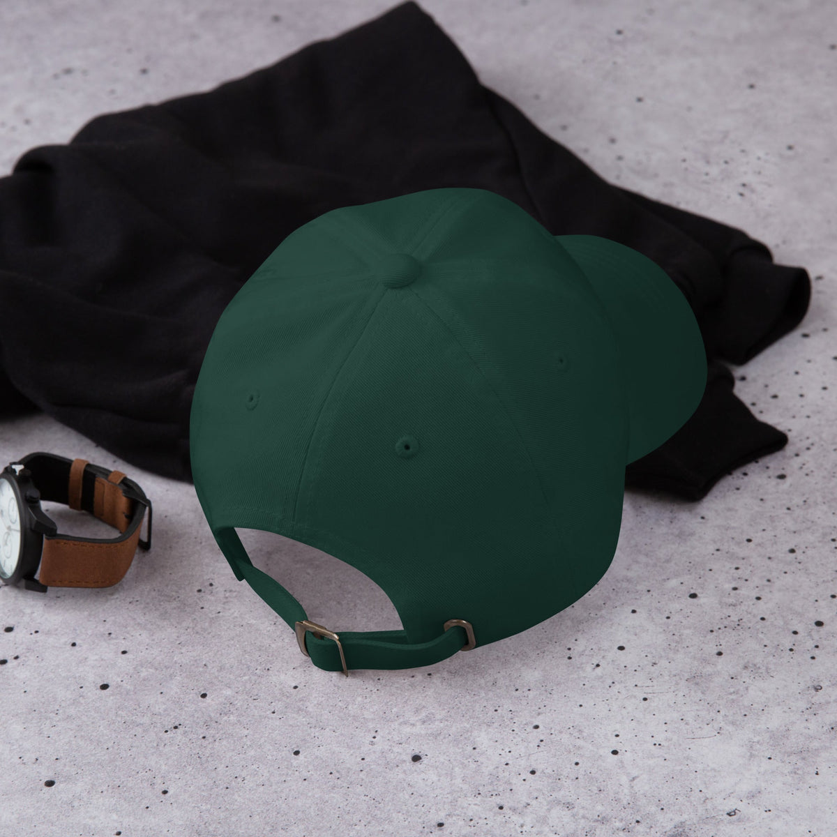 Monogram Cap in spruce, back view, adjustable strap and buckle.