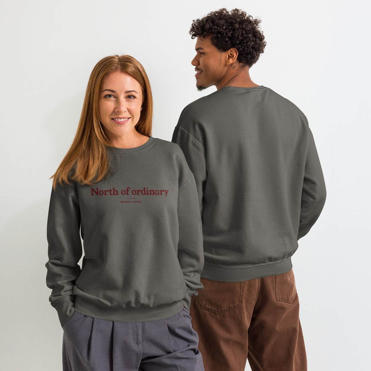 North of Ordinary Crew in pepper, front and back.