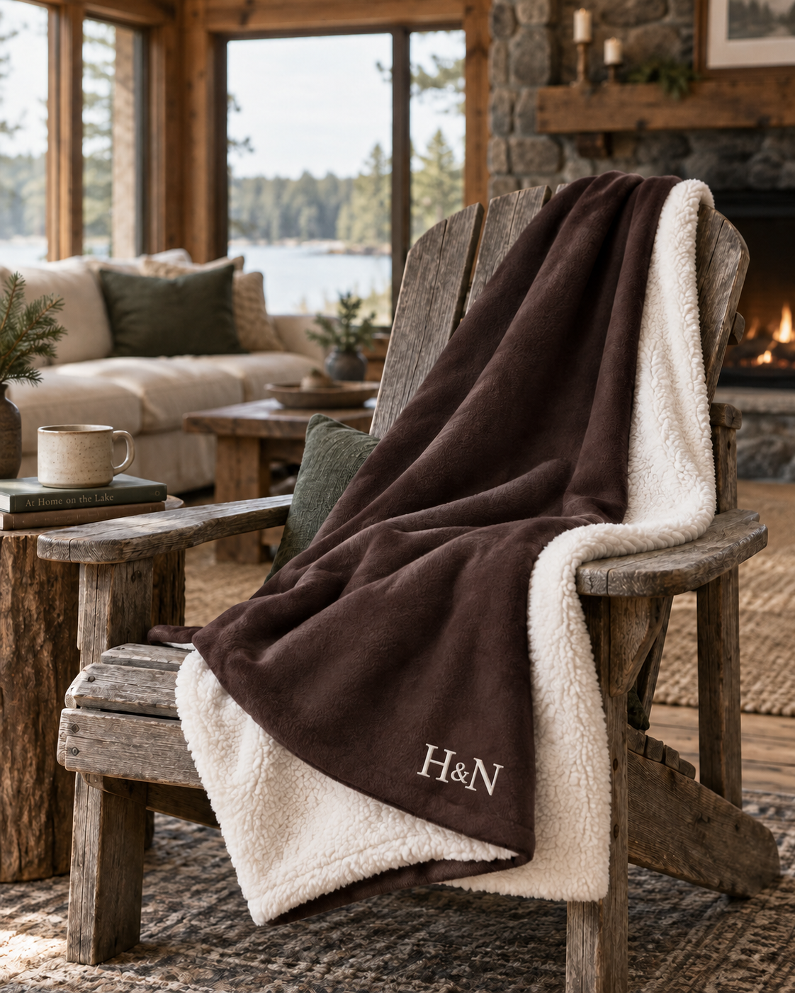 The Sherpa Blanket in fireside brown over the arm of a chair by the lake window.
