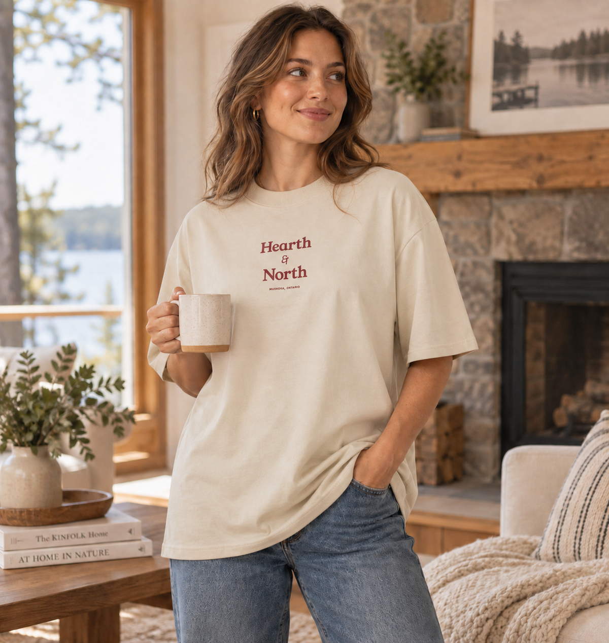 Wordmark Oversized Tee in stone, worn.